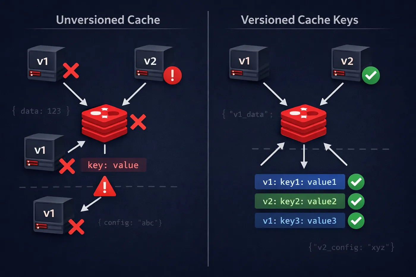 Unversioned cache keys force incompatible service versions to collide. Versioned keys let them coexist safely