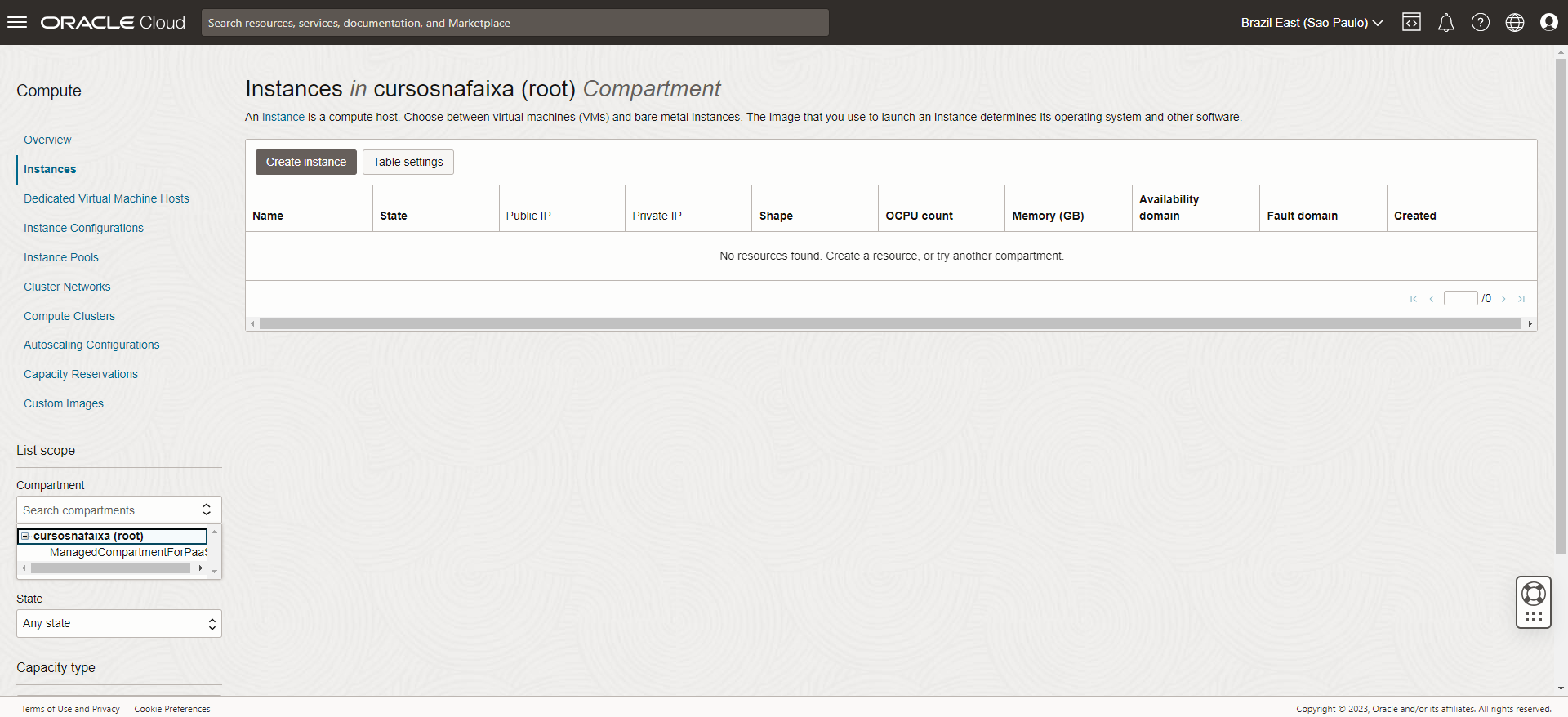 Tela de instâncias - selecionar o root