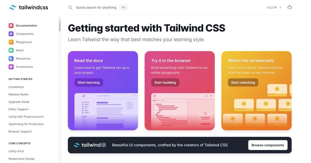 A view of Tailwind CSS' learning resources
