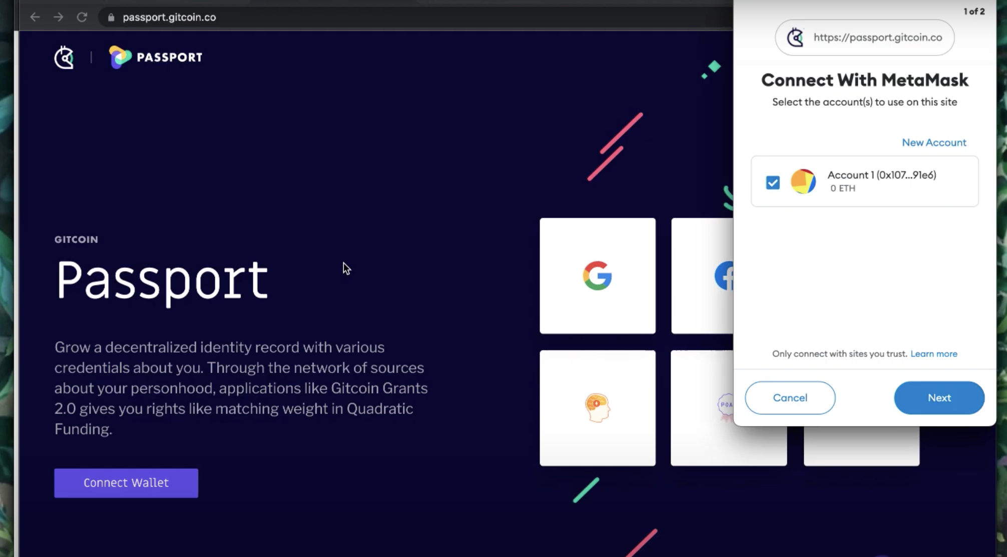 Screen showing a user connecting to Meta Mask wallet to the Passport website