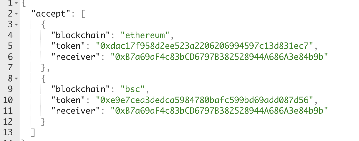 The configuration attribute contains JSON — you see the prettified config. In this config, payments/donations are converted to USDT on Ethereum & to BUSD on BSCscan. Make sure to double-check all token addresses.
