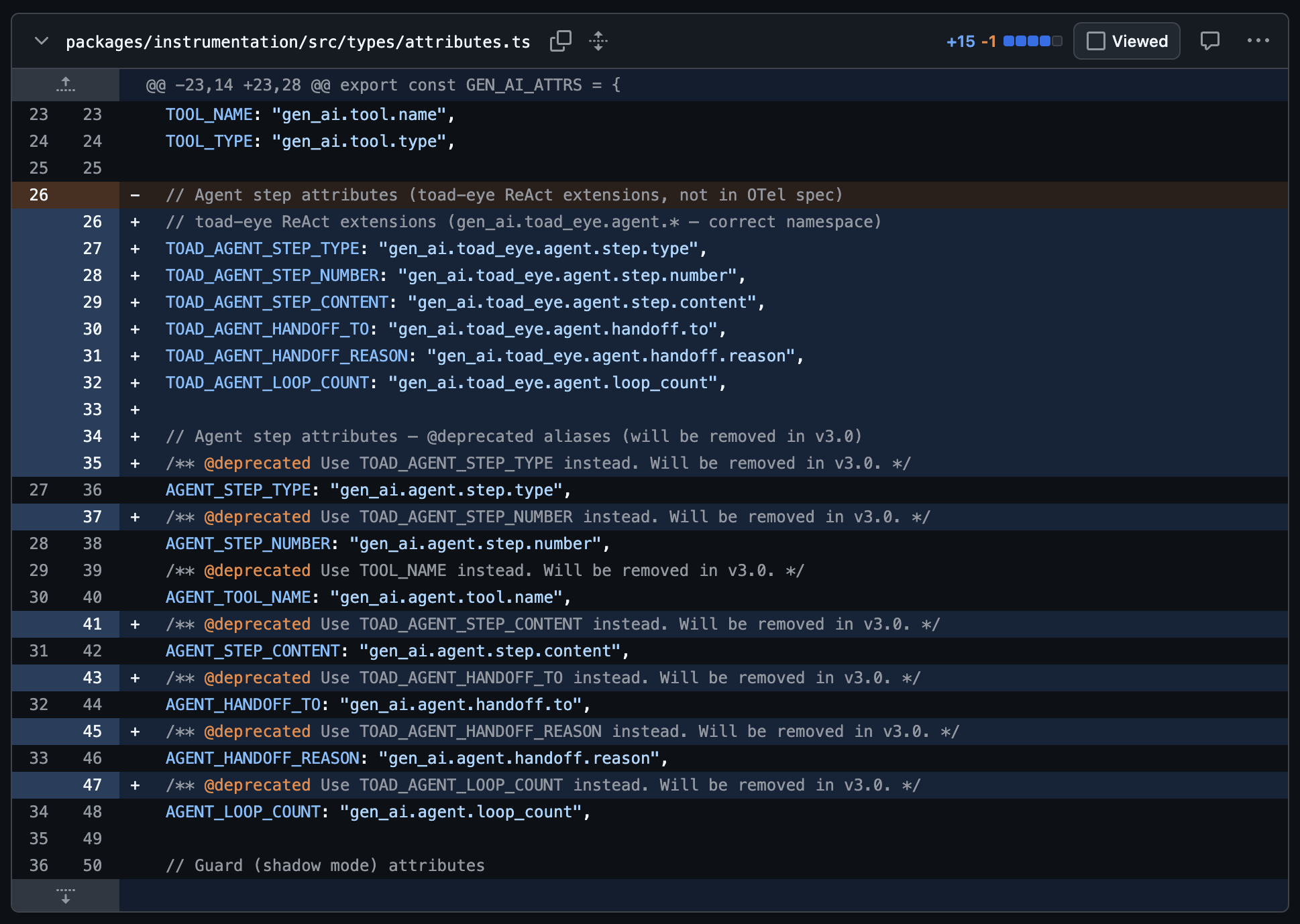 Screenshot: Attribute prefix migration diff with @deprecated tags and dual-emit