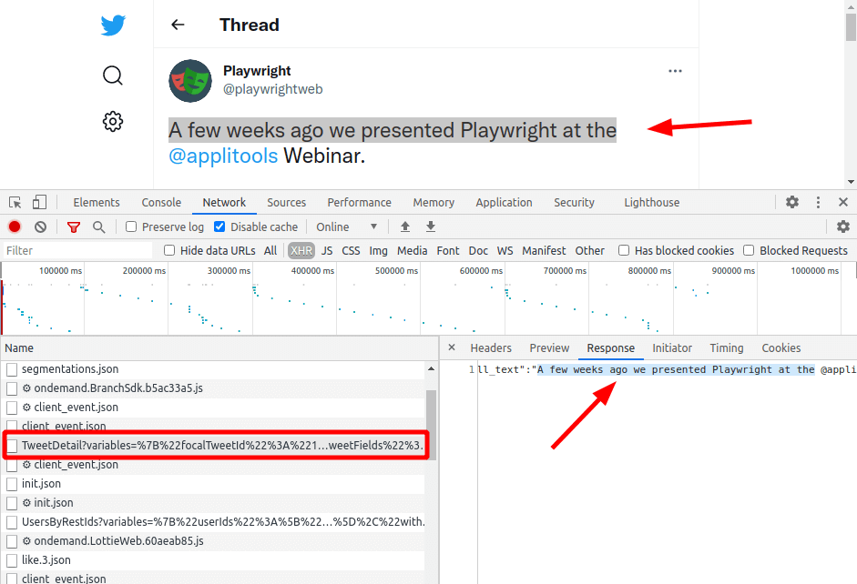 Twitter.com screenshot with DevTools open