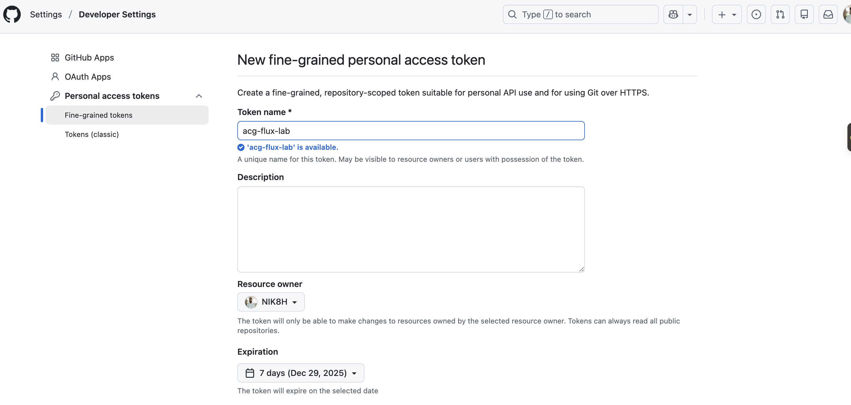 Token creation screen