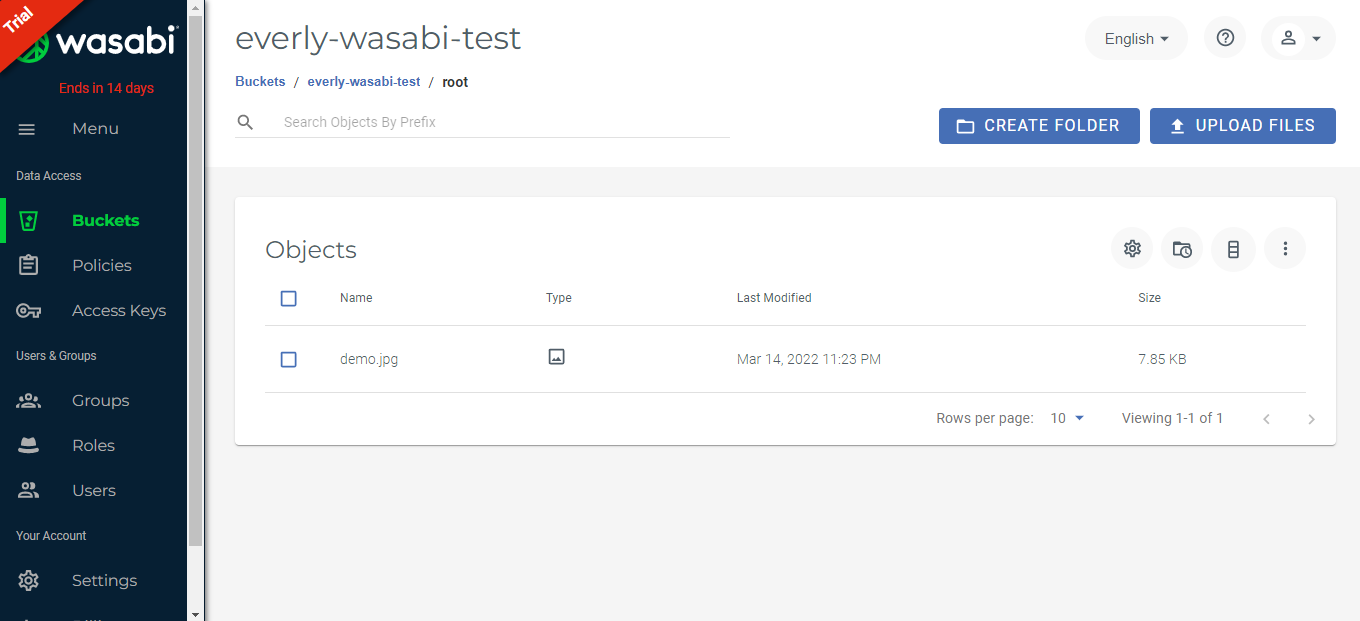 Uploaded files in wasabi bucket