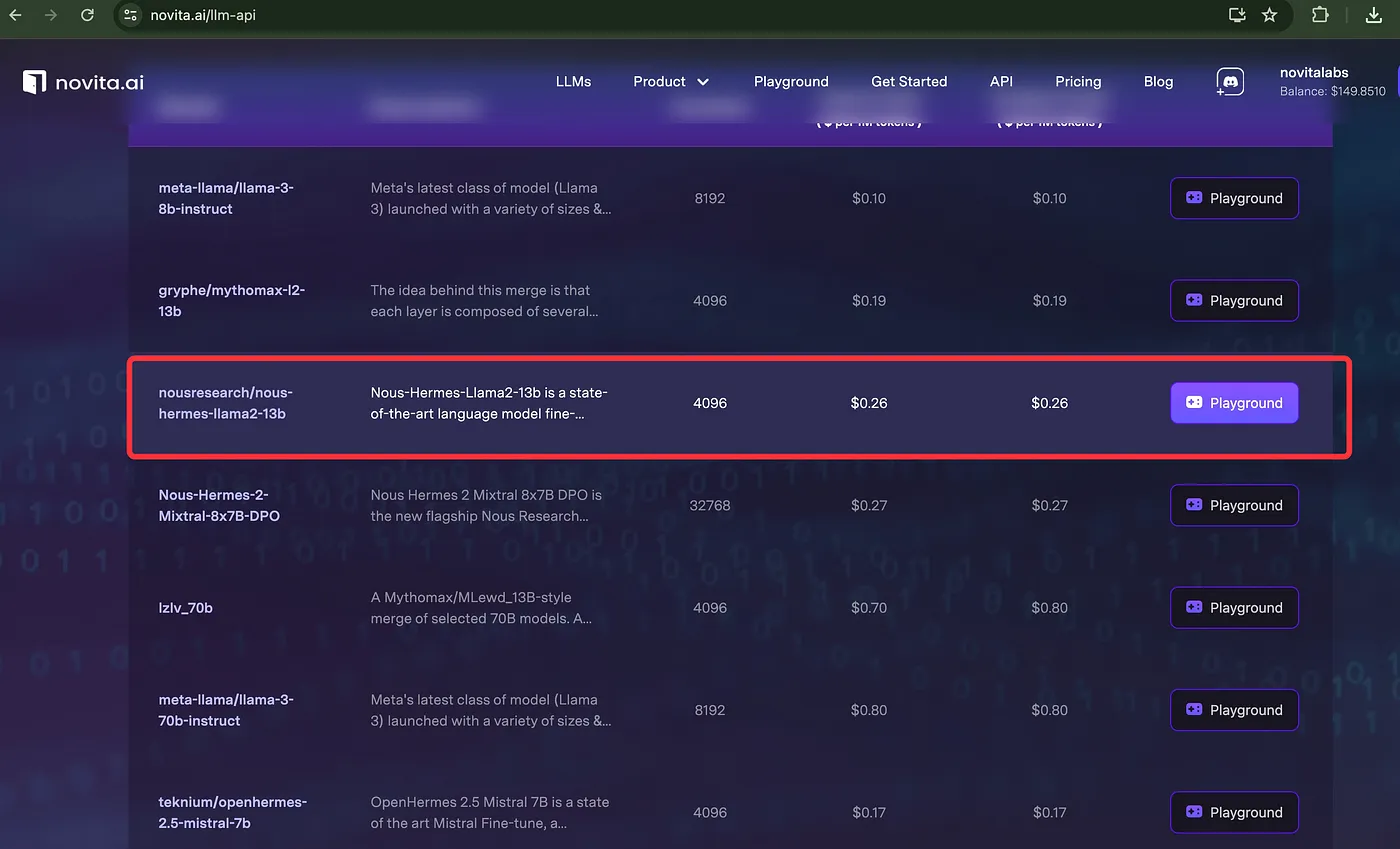 novita.ai LLM API equipped with both llama 2 and llama 3 models