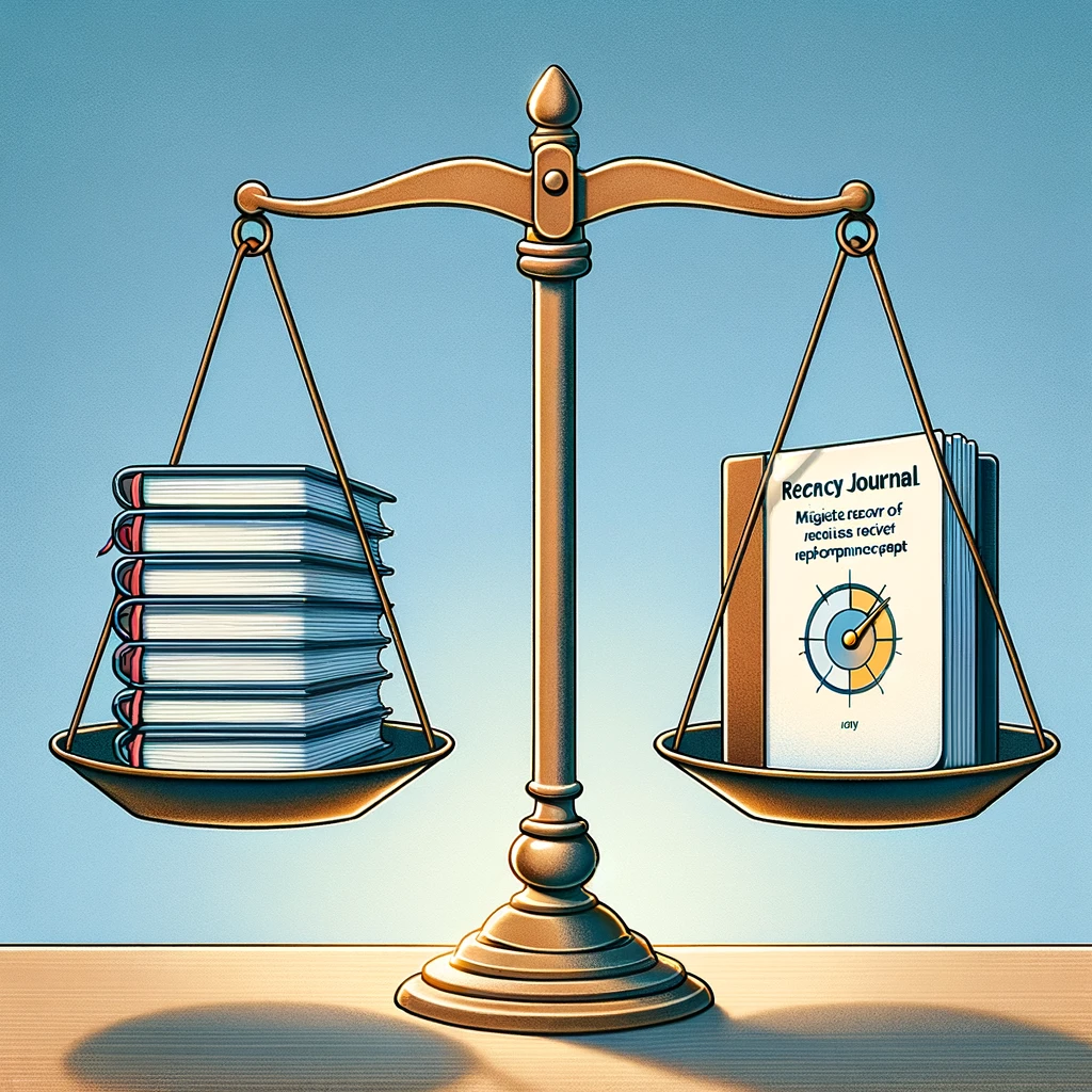 A visual metaphor depicting a balance scale, with one side holding a stack of journals representing a full record of an employee's contributions and the other side holding a single, recent report. The scale is balanced, symbolizing how a working journal mitigates recency bias by providing a comprehensive view of an individual's performance over time.