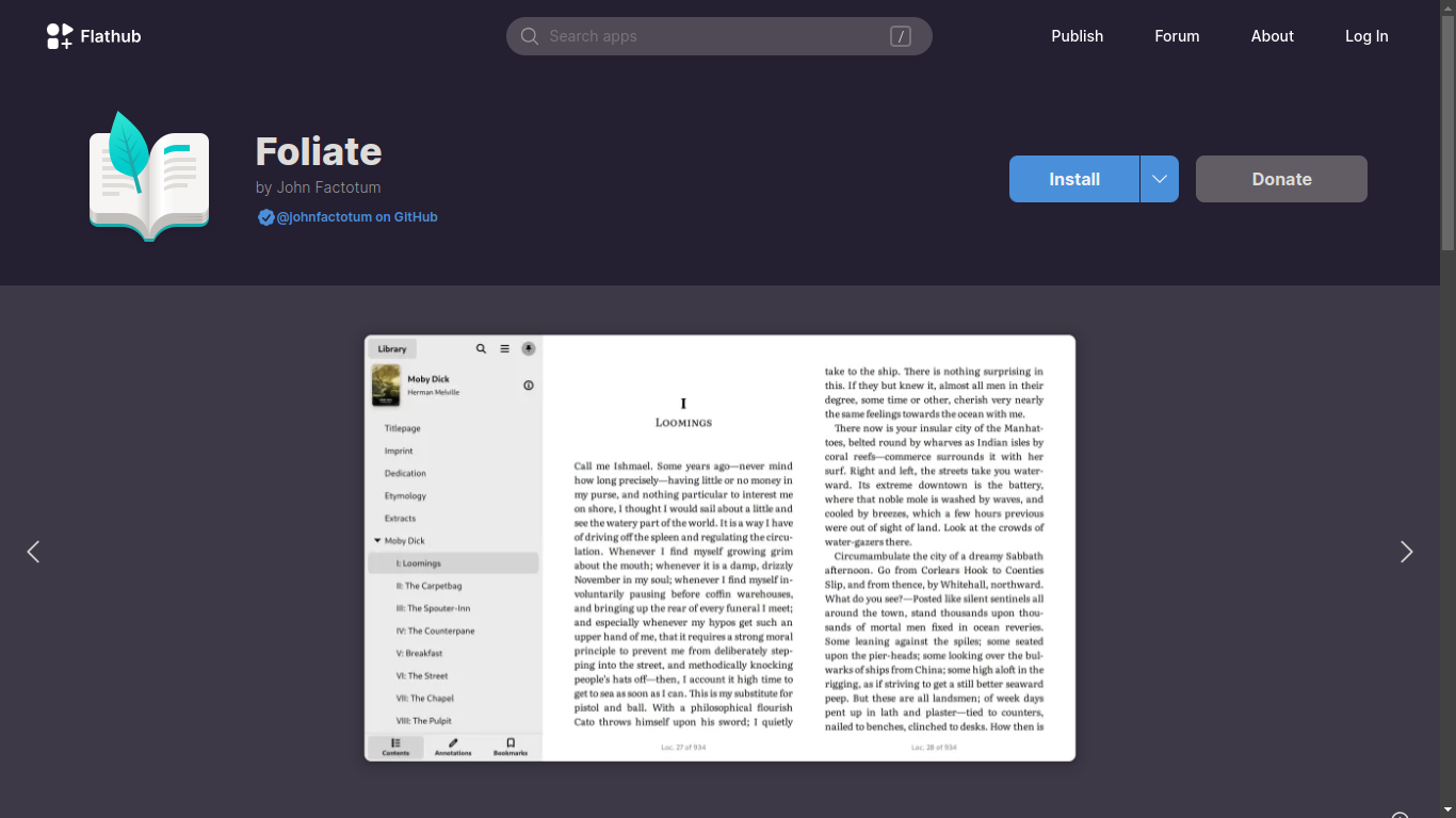 Screenshot of Foliate on Flathub