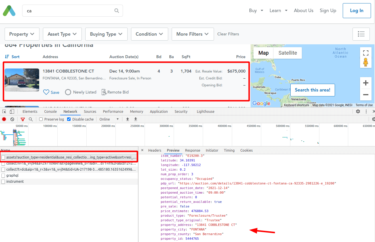 Auction.com screenshot with DevTools open