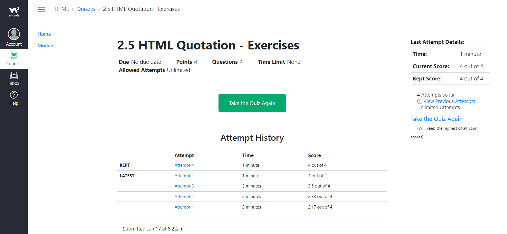 Another HTML course exercises quiz completed