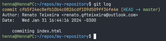 Linux 終端機執行命令「git log」並顯示結果的螢幕截圖。