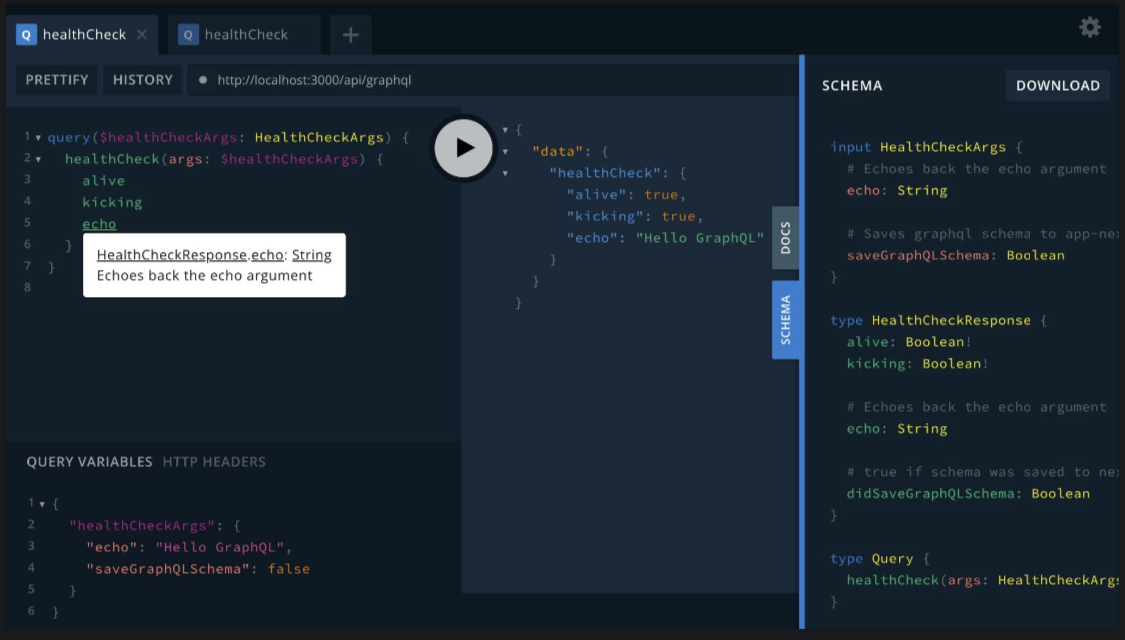 GraphQL-schema example generated from our healthCheck example DataBridge