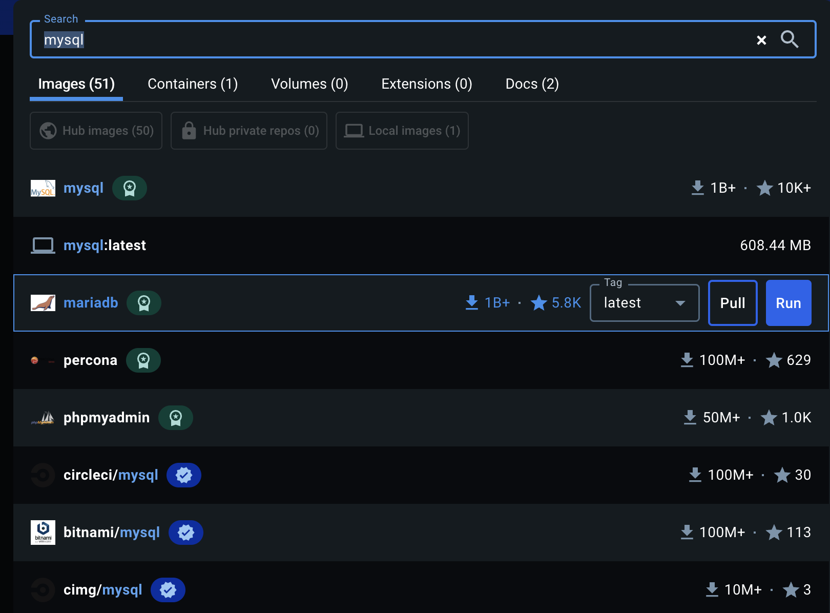 A list containing mysql