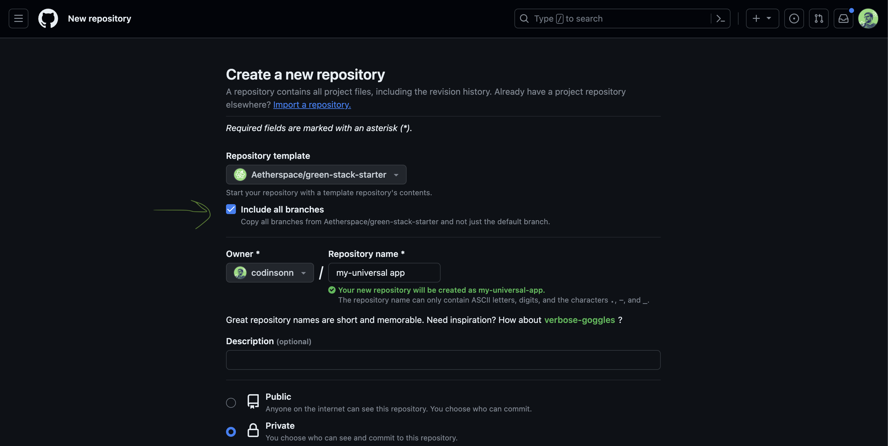 Image describing how to use Github UI to include all branches