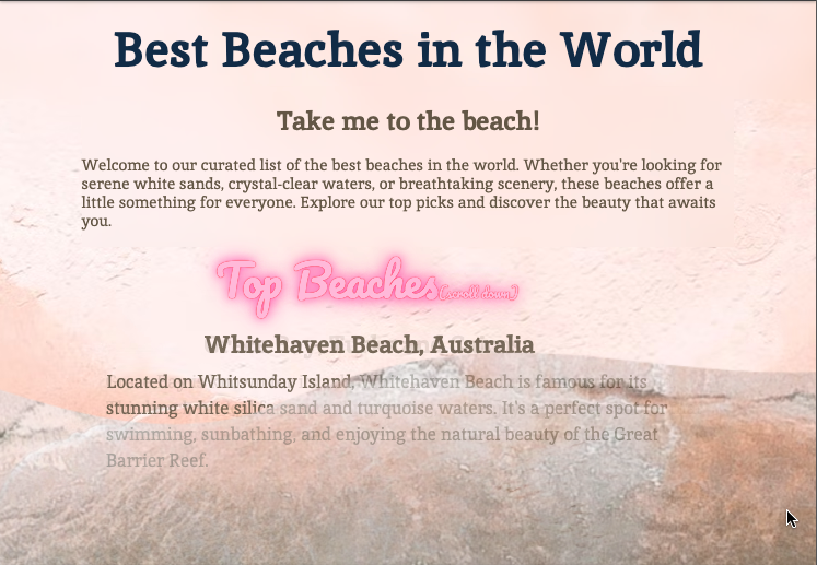Screenshot of Beach List with beach background and wave at bottom of screen