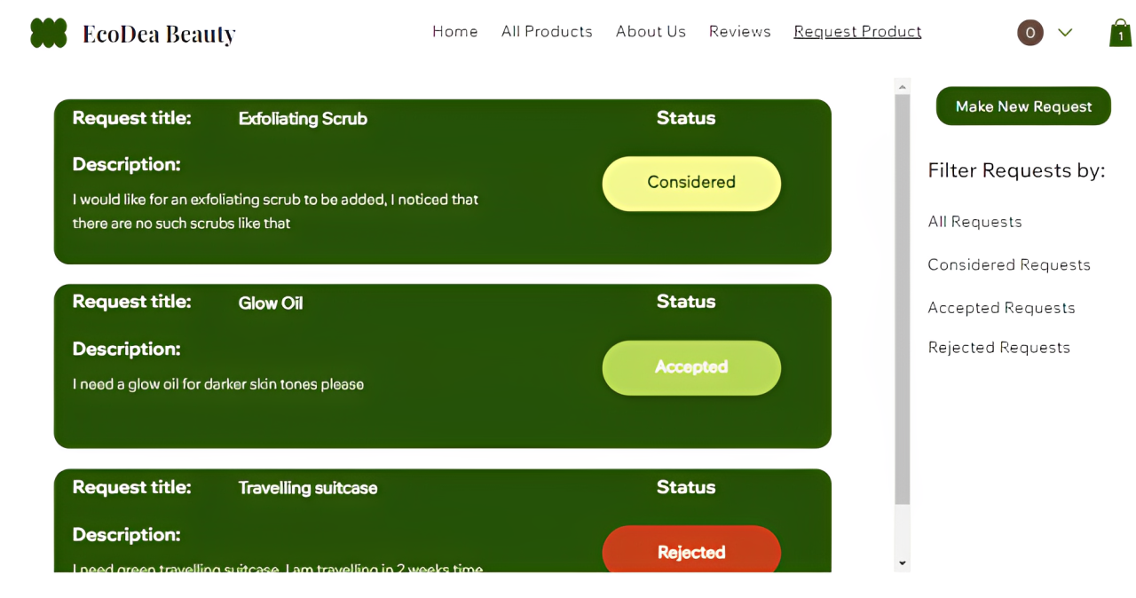 product request page with requests
