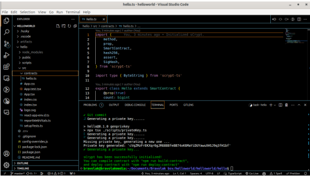 Diagram showing successful initialization of "src/contracts/hello.ts" in React App