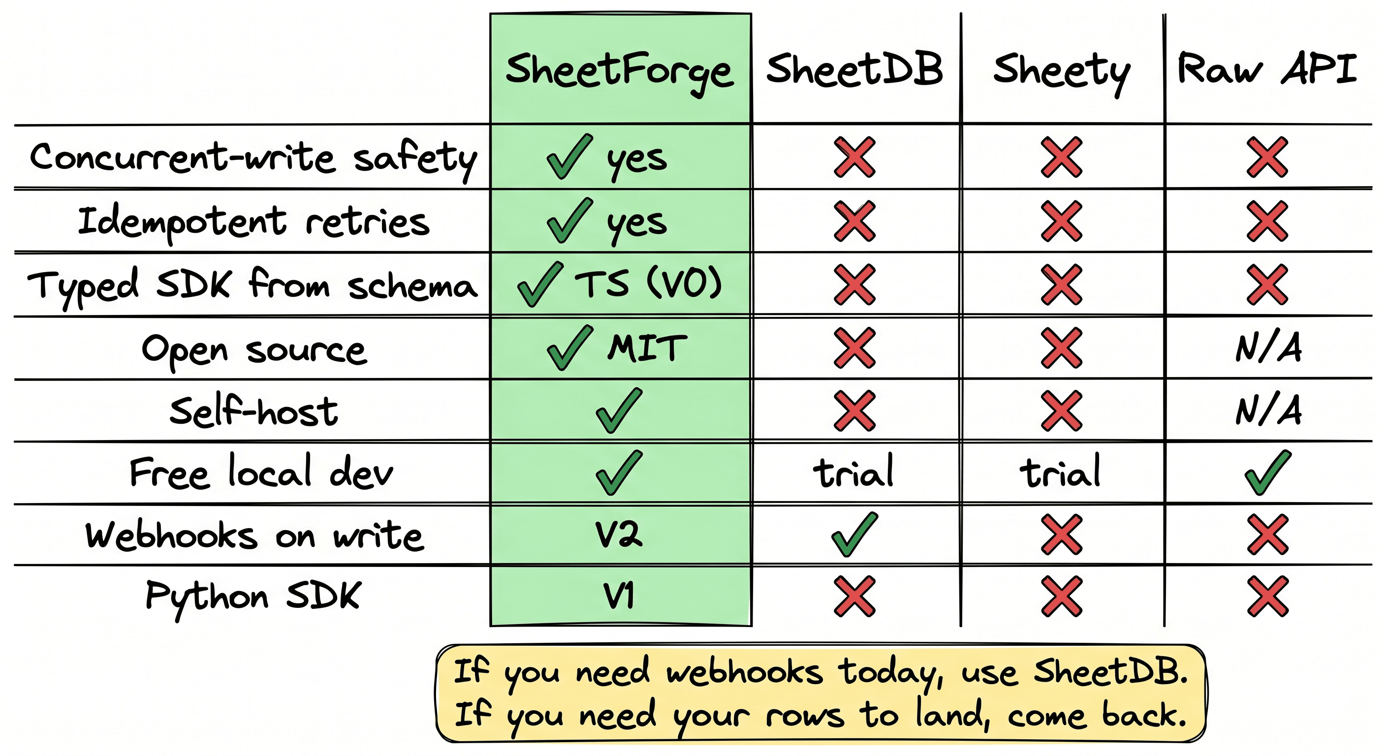 If you need webhooks today, use SheetDB. If you need your rows to land, come back.