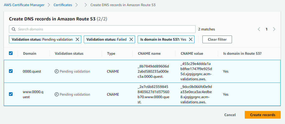 AWS Certificate Manager create records step screenshot