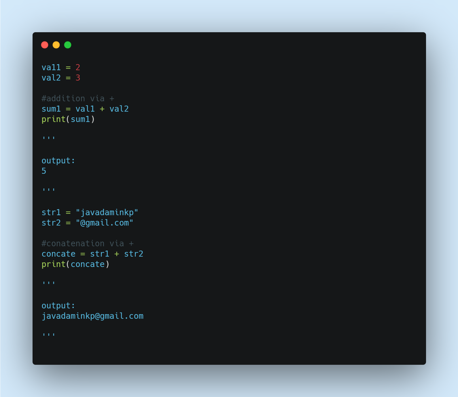 python addition and concatenation via + operator, code snippet no 1