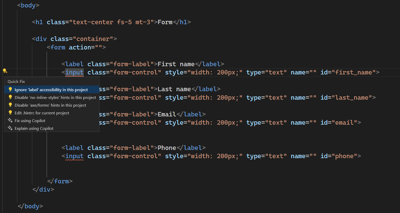 VS Code showing part of an html file