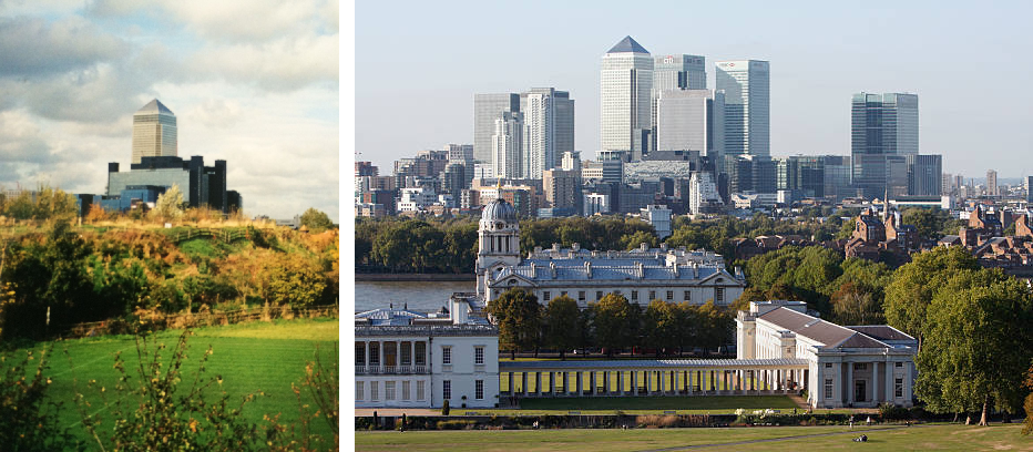 A photo of the Shard in the 1990s vs now