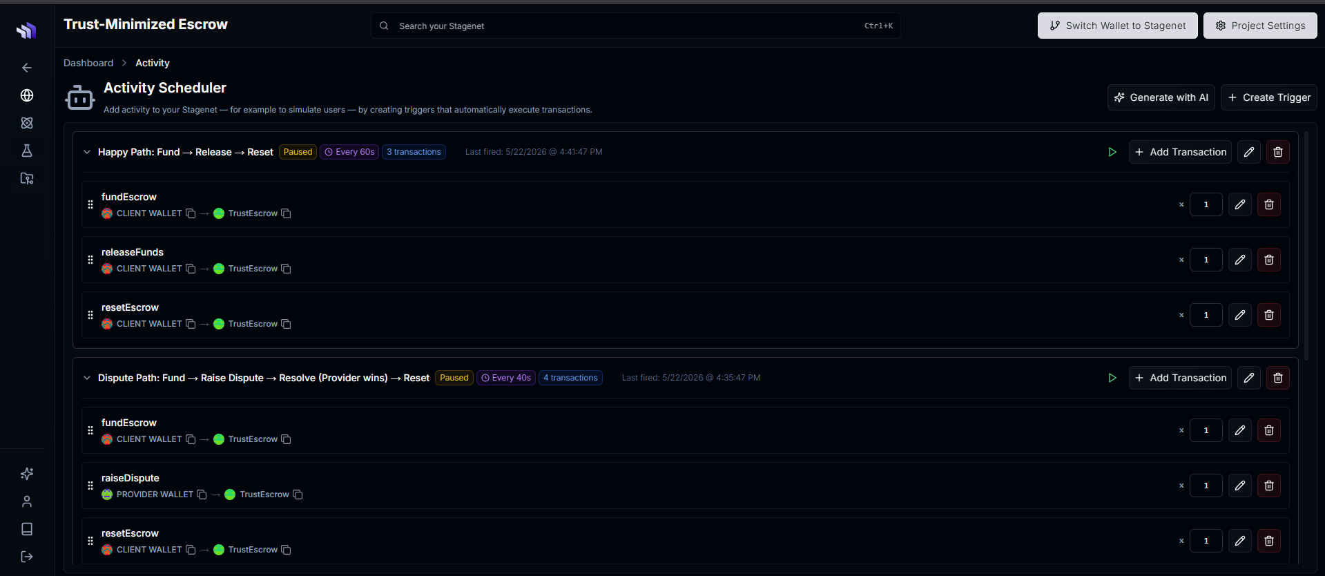 The AI Activity Scheduler showing the Happy Path and Dispute Path running on autopilot