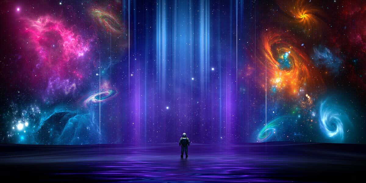 Illustration of astronaut on alien planet looking at the universe