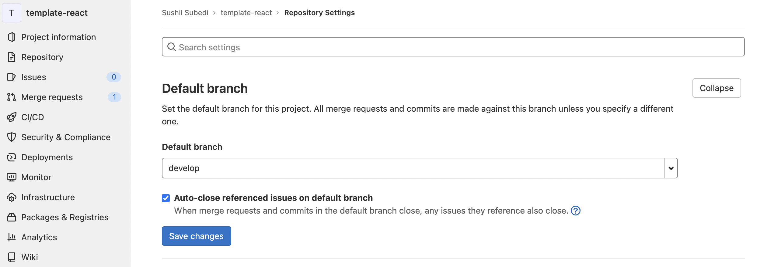 select the develop as default branch