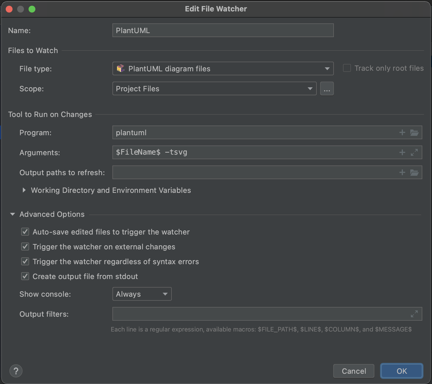 PlantUML file watcher settings