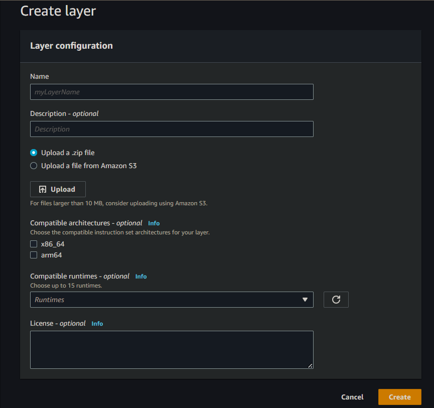Lambda layer creation page