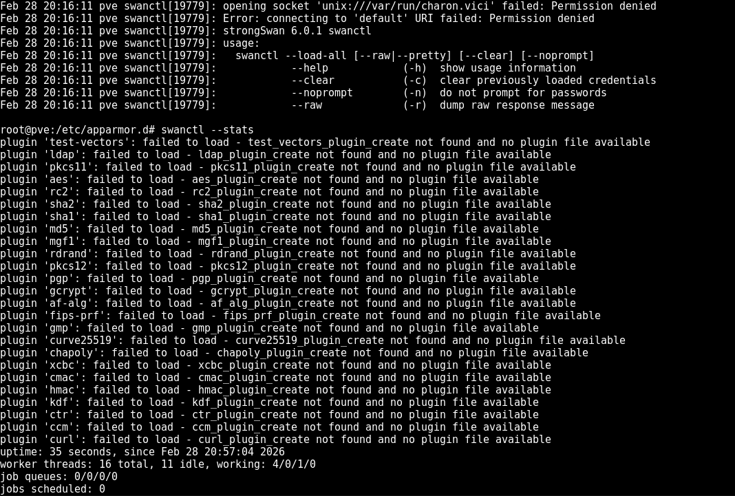 Second output of the swanctl command now working and showing the status of strongSwan.