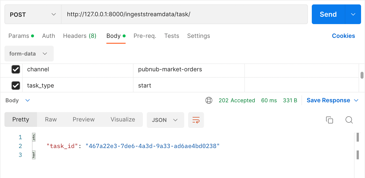 pubnub subscribe channel & ingest data api response output with task id via postman