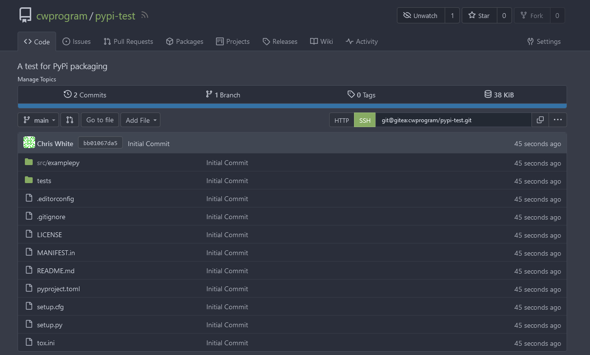 Gitea web view showing files have been properly populated in the repository