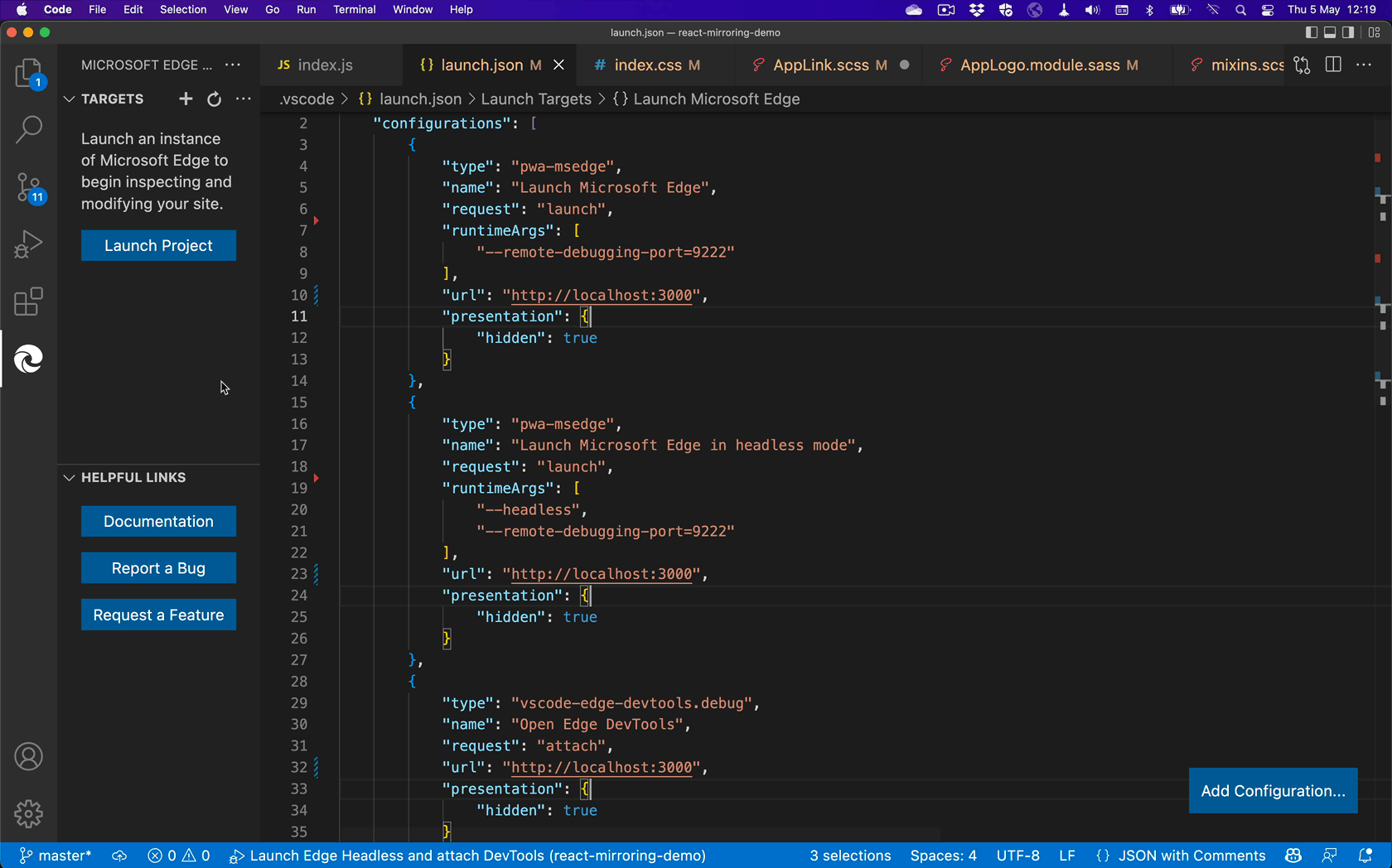 Visual Studio Code starting the debugger and opening the developer tools and the browser preview