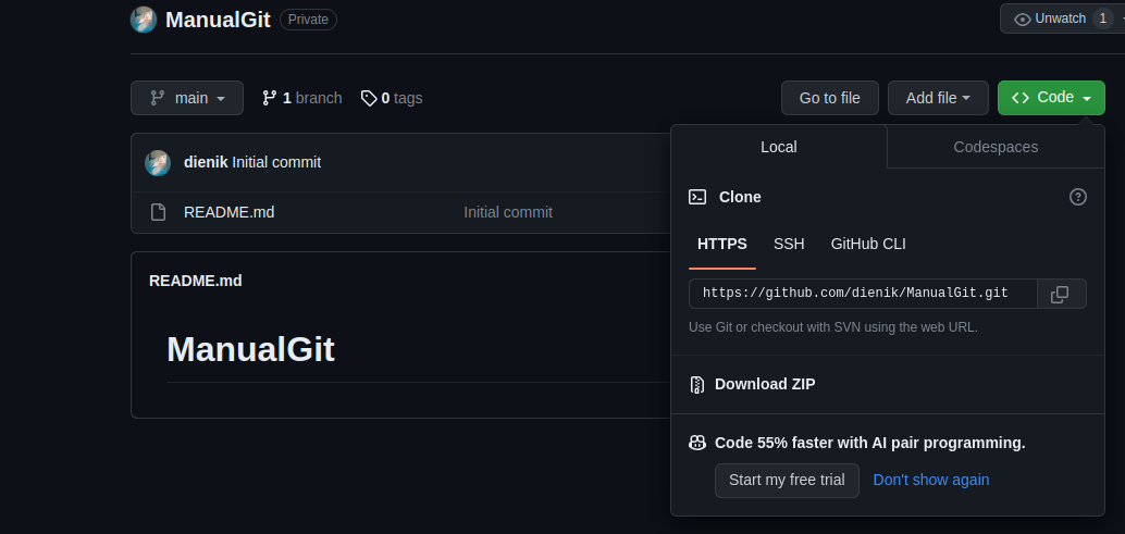 Clonando repositório, basta clicar em no icone de copiar ao lado do link
