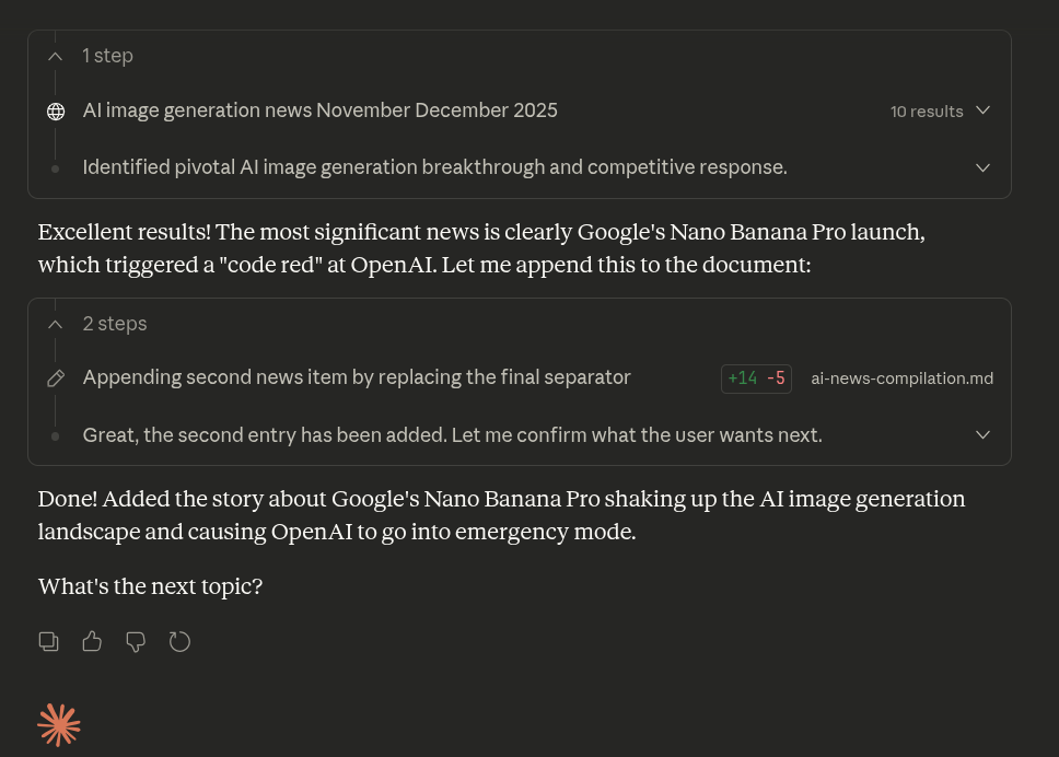 Claude uses str_replace tool to append content to the file