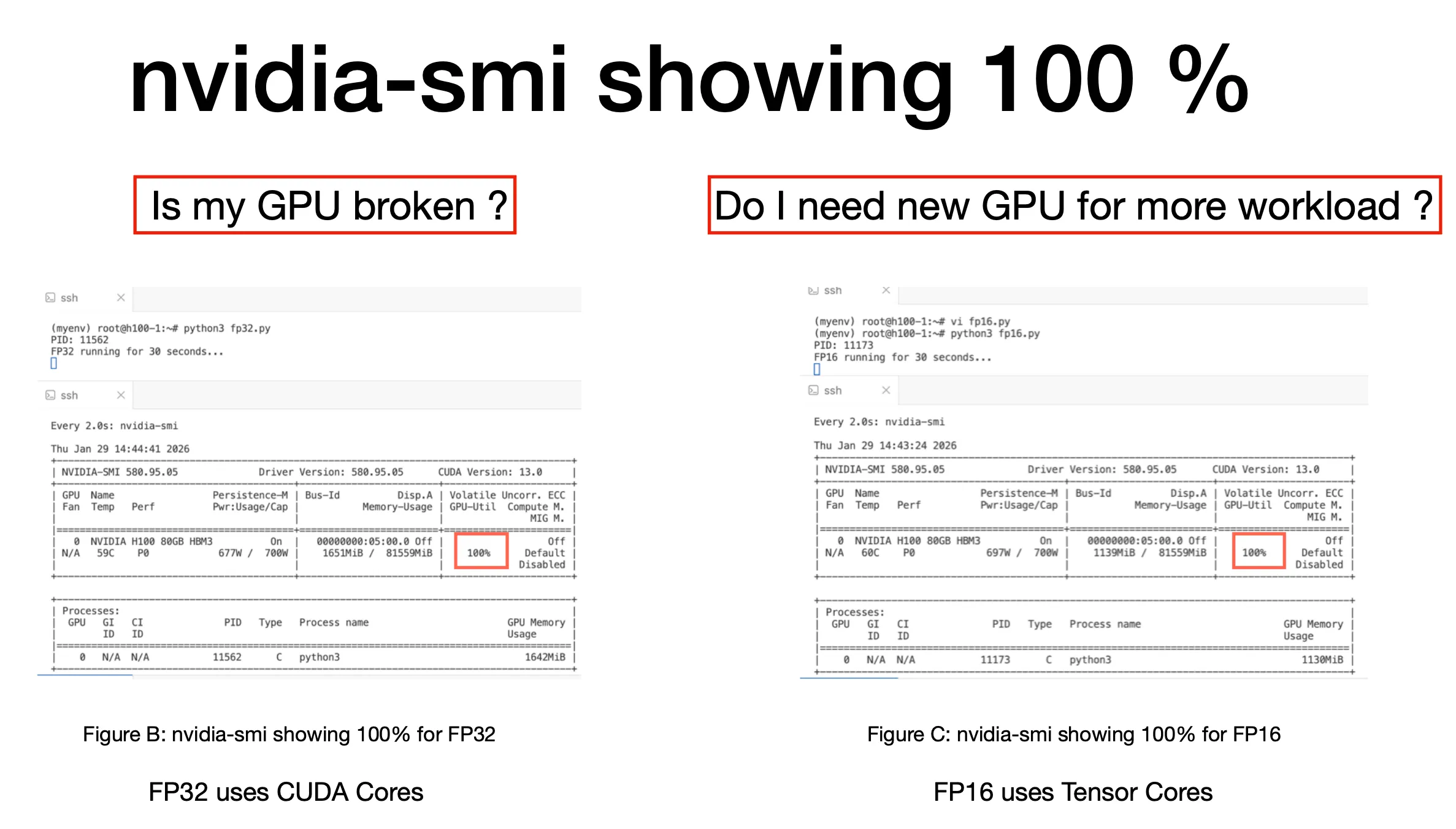 nvidia-smi @ 100% for fp32 vs fp16