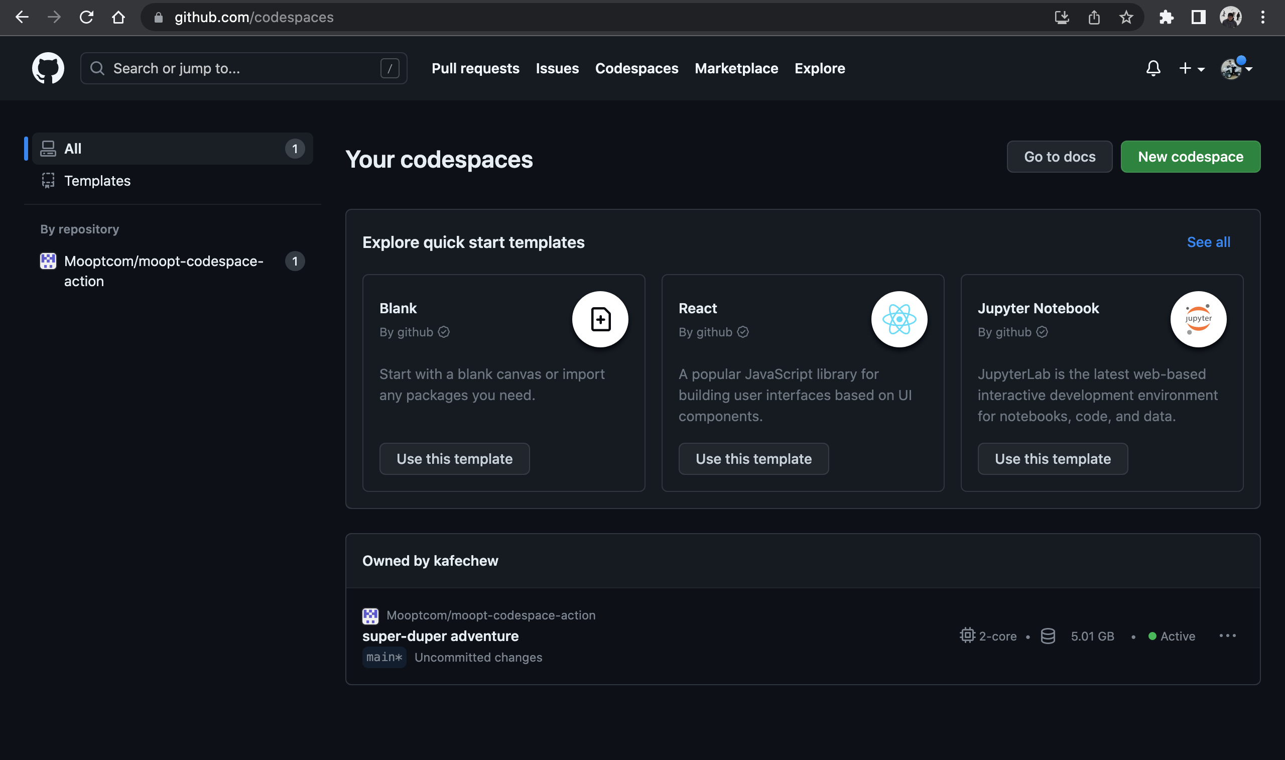 Github Codespace status