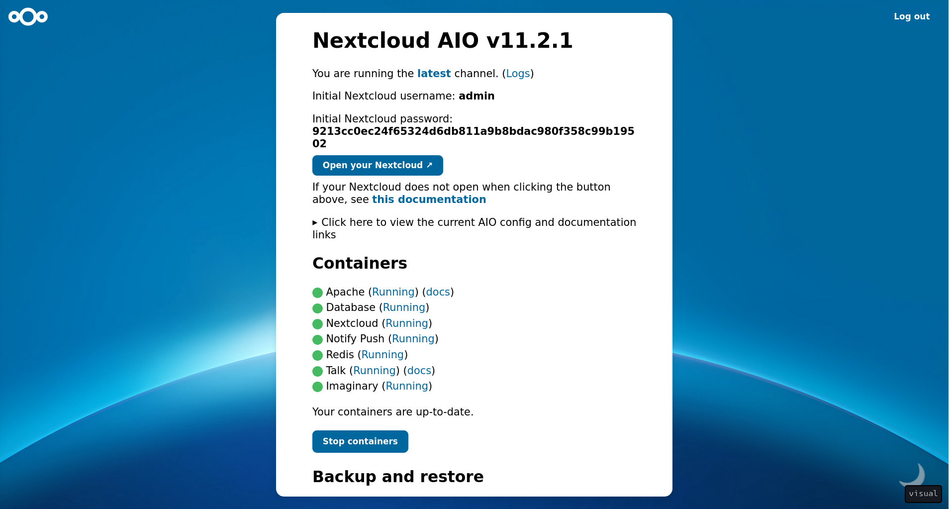 Nextcloud AIO's page once the configuration is finished. Showing the containers that have started, and the initial login credentials for Nextcloud.