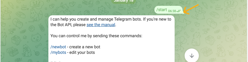 A screenshot of the start command in a Telegram bot