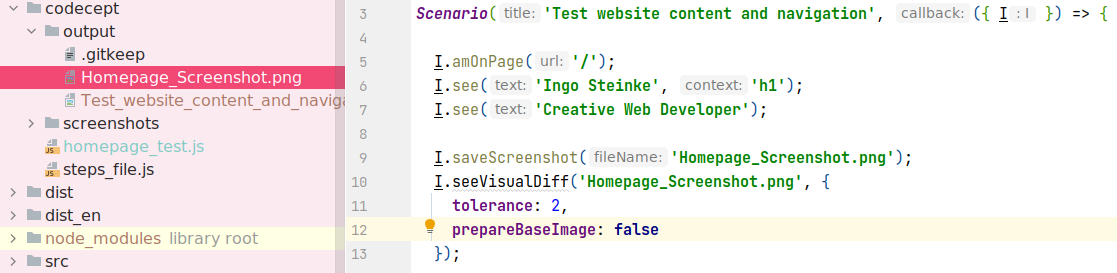 Screenshot of a definition of a screenshot test using CodeceptJS