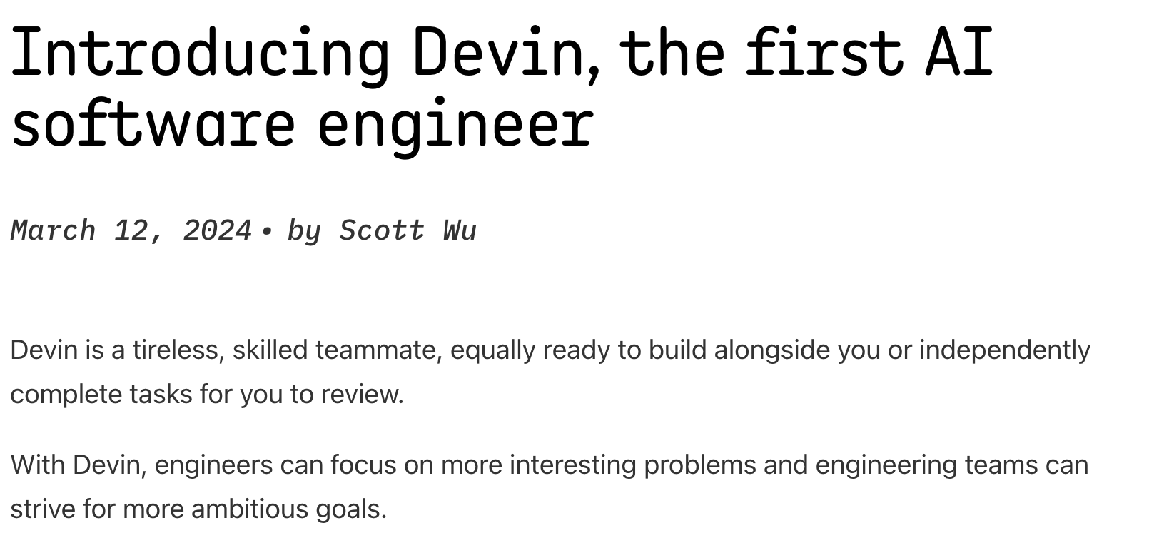 Blog post about Devin as an AI software engineer