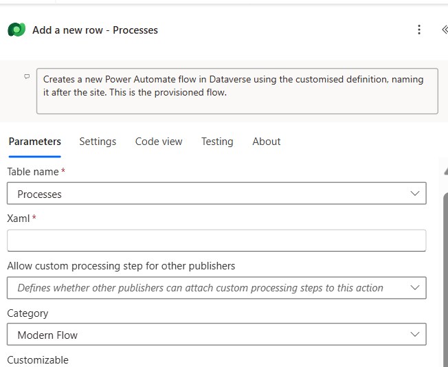 Screenshot: Add a new row action — creating the cloned workFlow in Dataverse