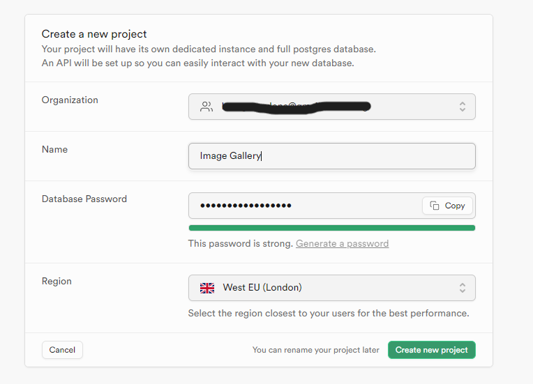 create supabase project