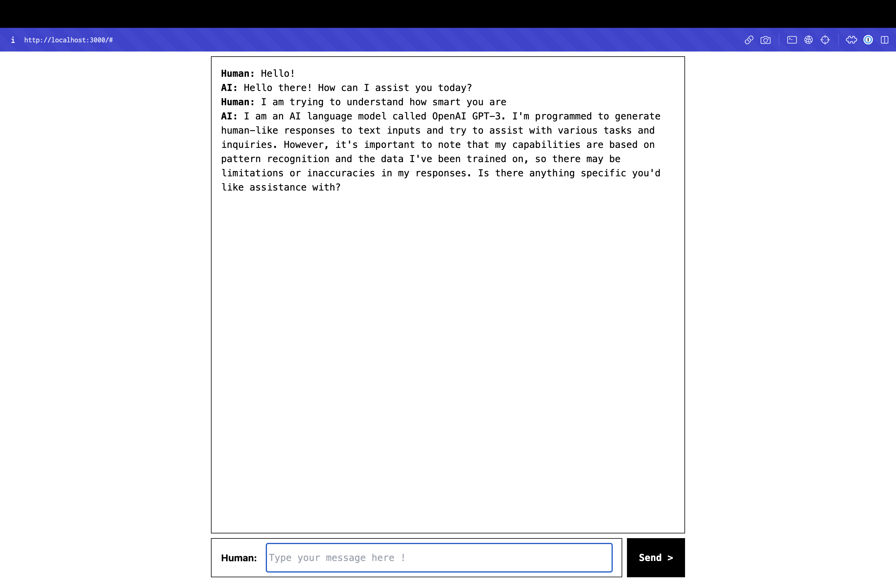 IScreenshot of the finished chat interface, with messages exchanged between the user and the chatbot.