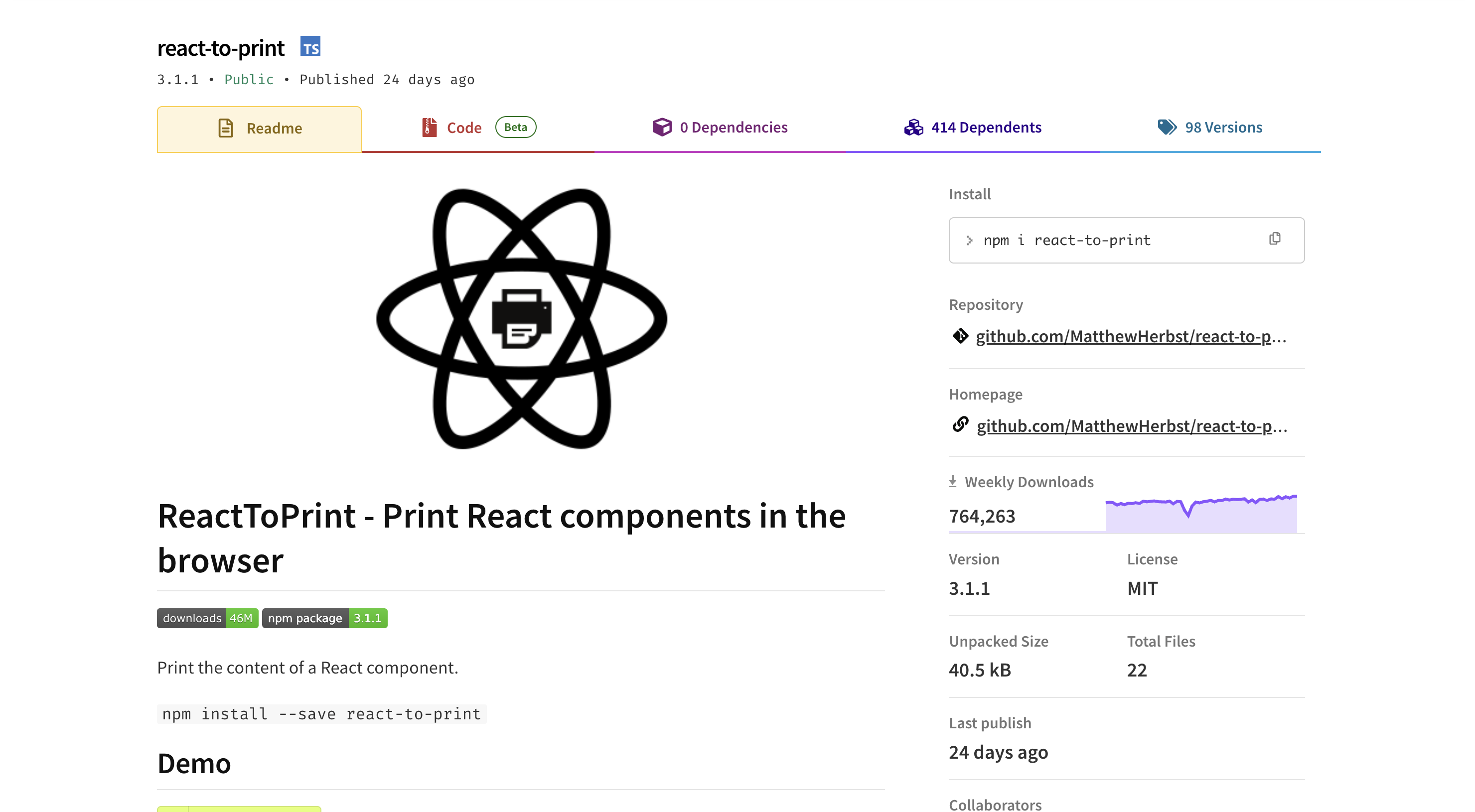 Screenshot of react-to-print