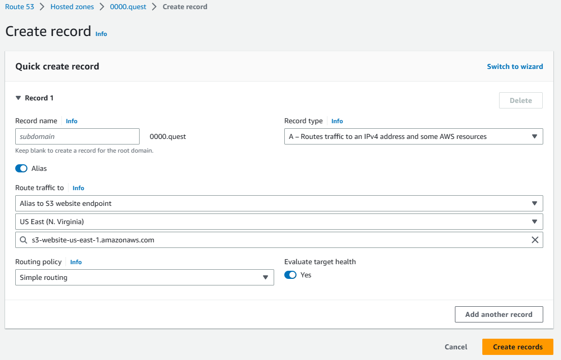 AWS S3 bucket DNS record screenshot
