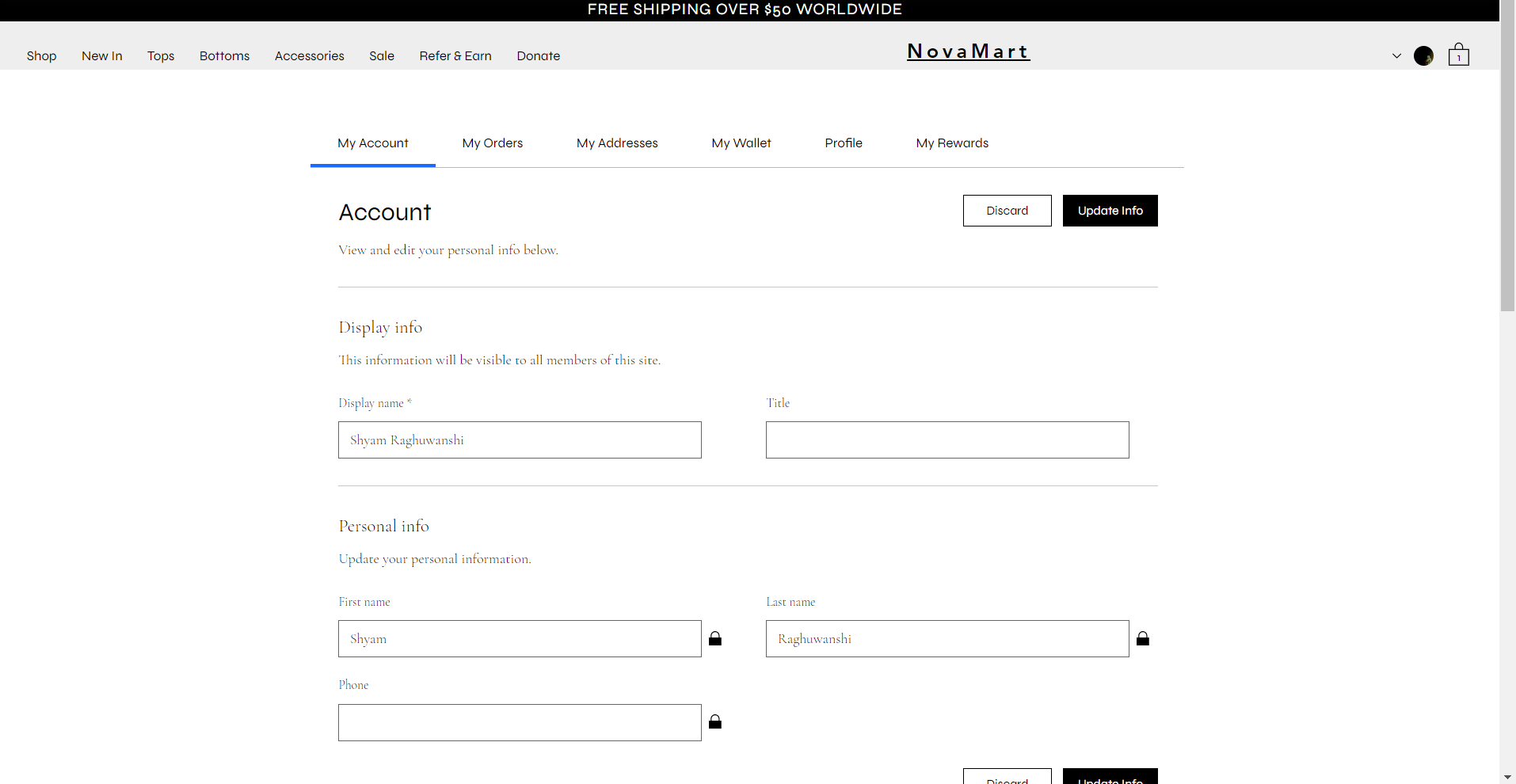 User Account page