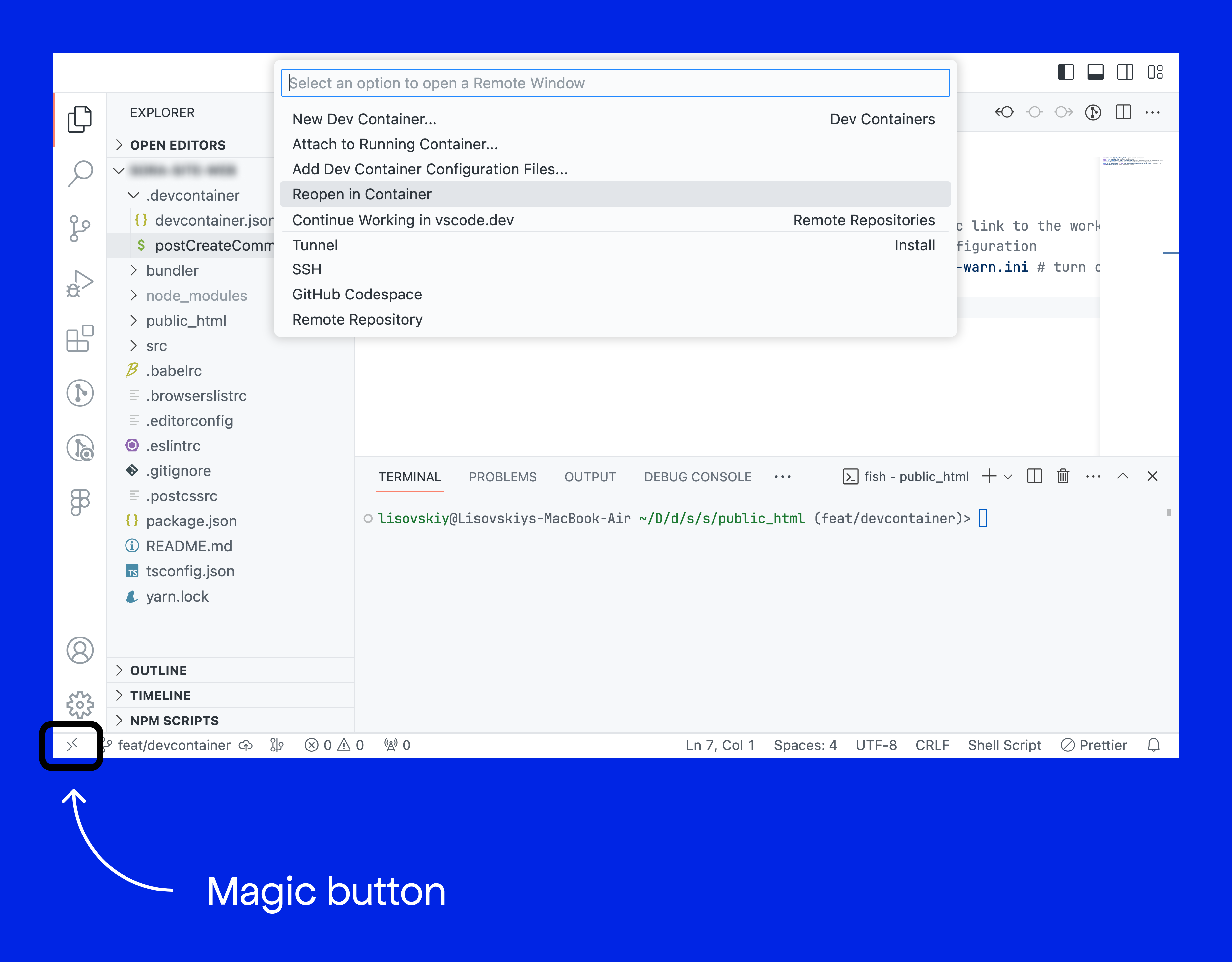 VS Code screenshot with highlighted Dev Container button